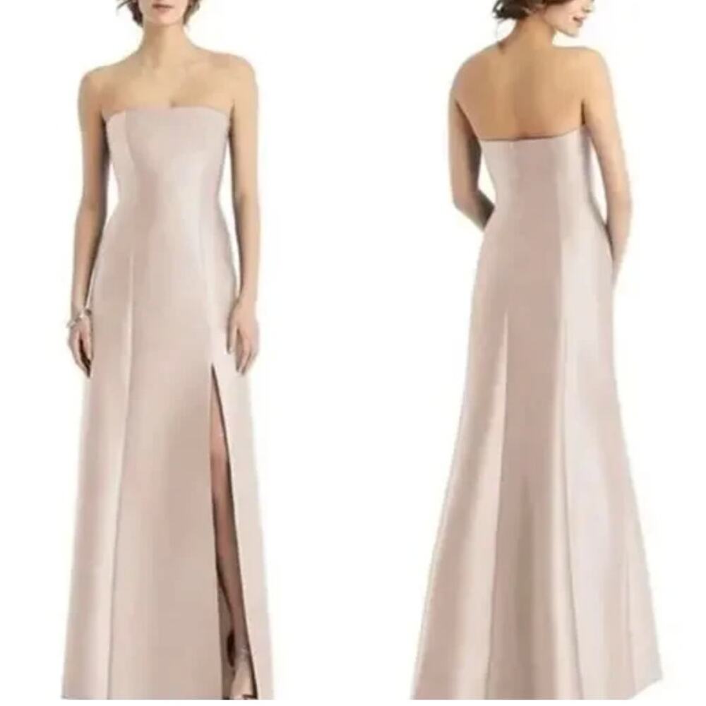 NWT‎ Alfred Sung Strapless Satin Trumpet Gown with Front Slit in Cameo - Picture 1 of 8